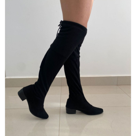 Bota Feminina Casual Moderna de Camurça Legitimo Cano Alto Over-The-Knee Paris Salto Bloco Médio Fashion Com Ajuste Faci