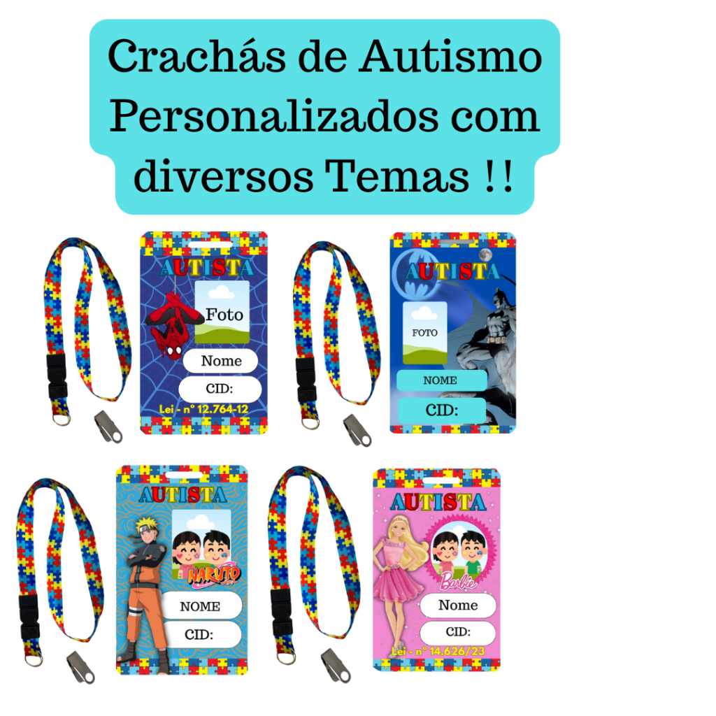 Kit Crachá Identificação Personalizado Autismo Autista Personagens Diversos + Cordão quebra-cabeça + Jacaré em Oferta na Shopee