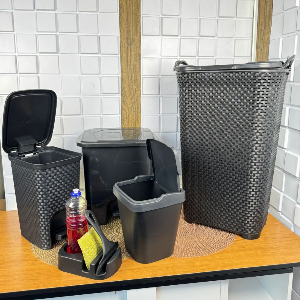 Kit Completo: Cesto 50L, Lixeira 13L, Lixeira Rattan 7L, Lixeira 4.8L, Porta Detergente e Rodinho para Organização