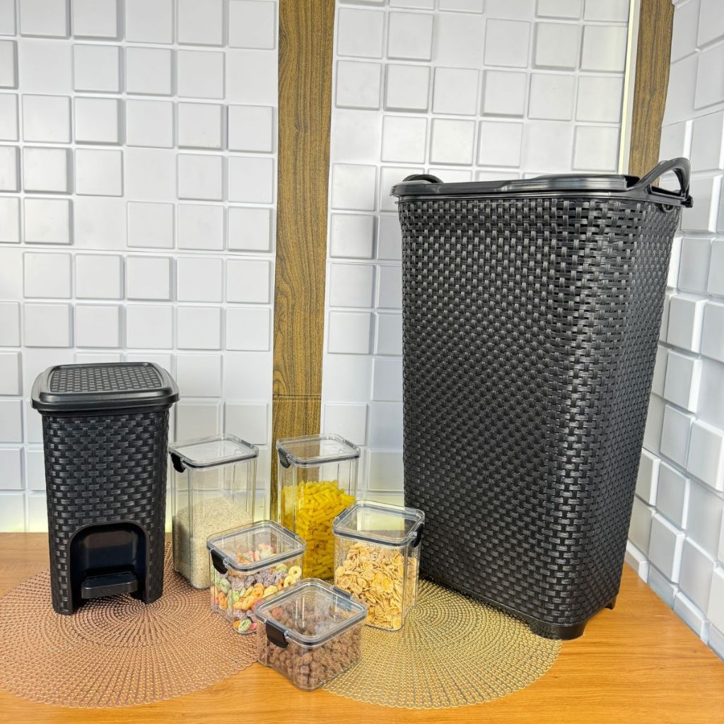 Kit Prático de Armazenamento: 5 Potes Herméticos, Cesto de 50L e Lixeira de 7L para Organização Eficiente da Sua CONCPT
