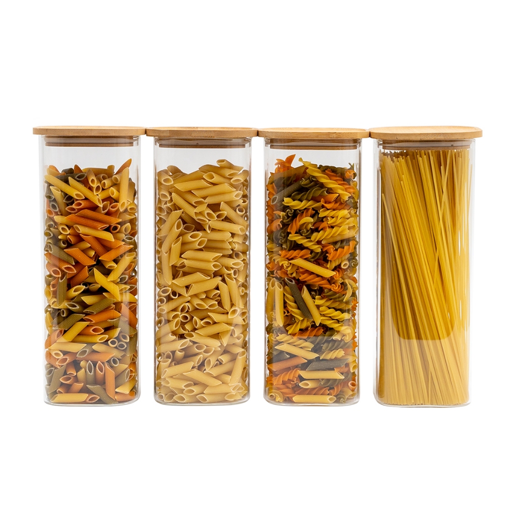 Kit 4 Potes De Vidro P/ Mantimentos 1900ml C/ Tampa Bambu