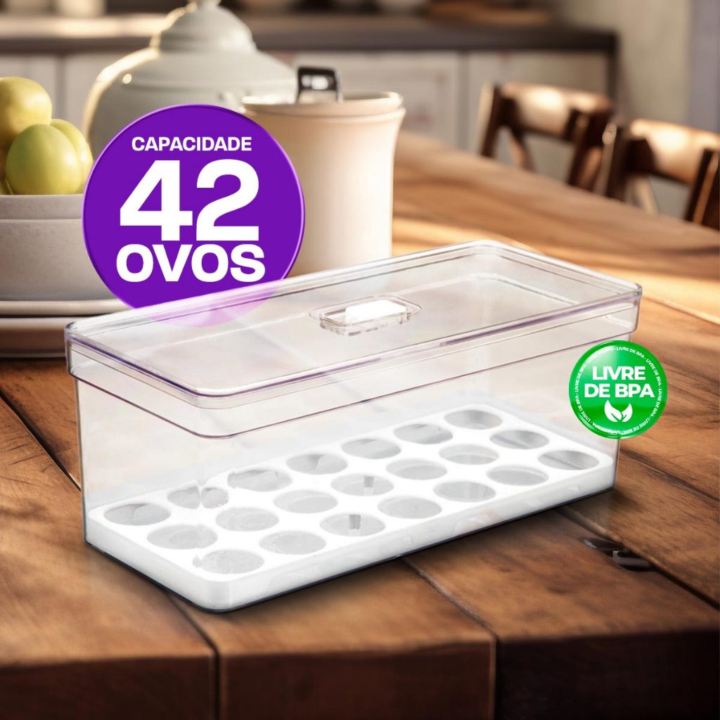Porta Ovos 42un Organizador de Geladeira Acrílico Com Tampa e Respiro de Ar Bandeja