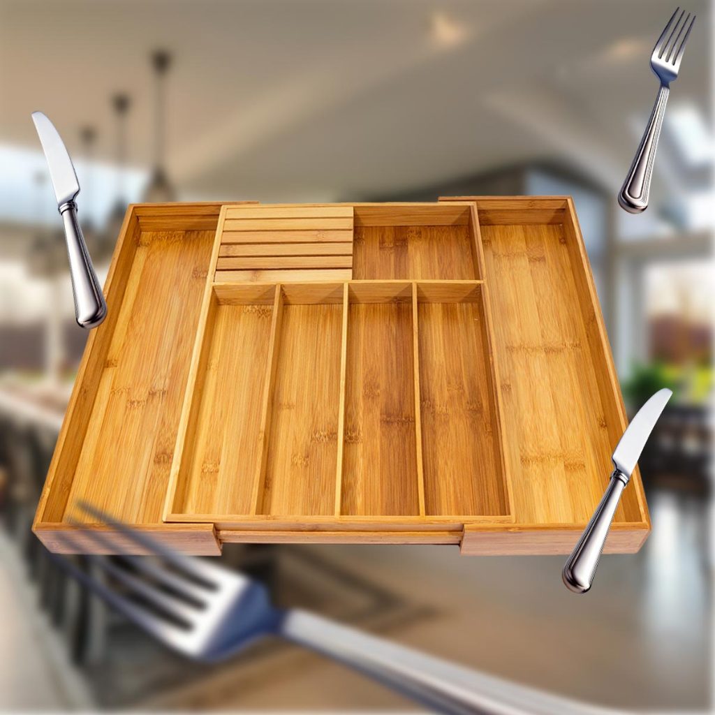Porta Talheres Extensivel Para Gavetas Bambu Ajustável