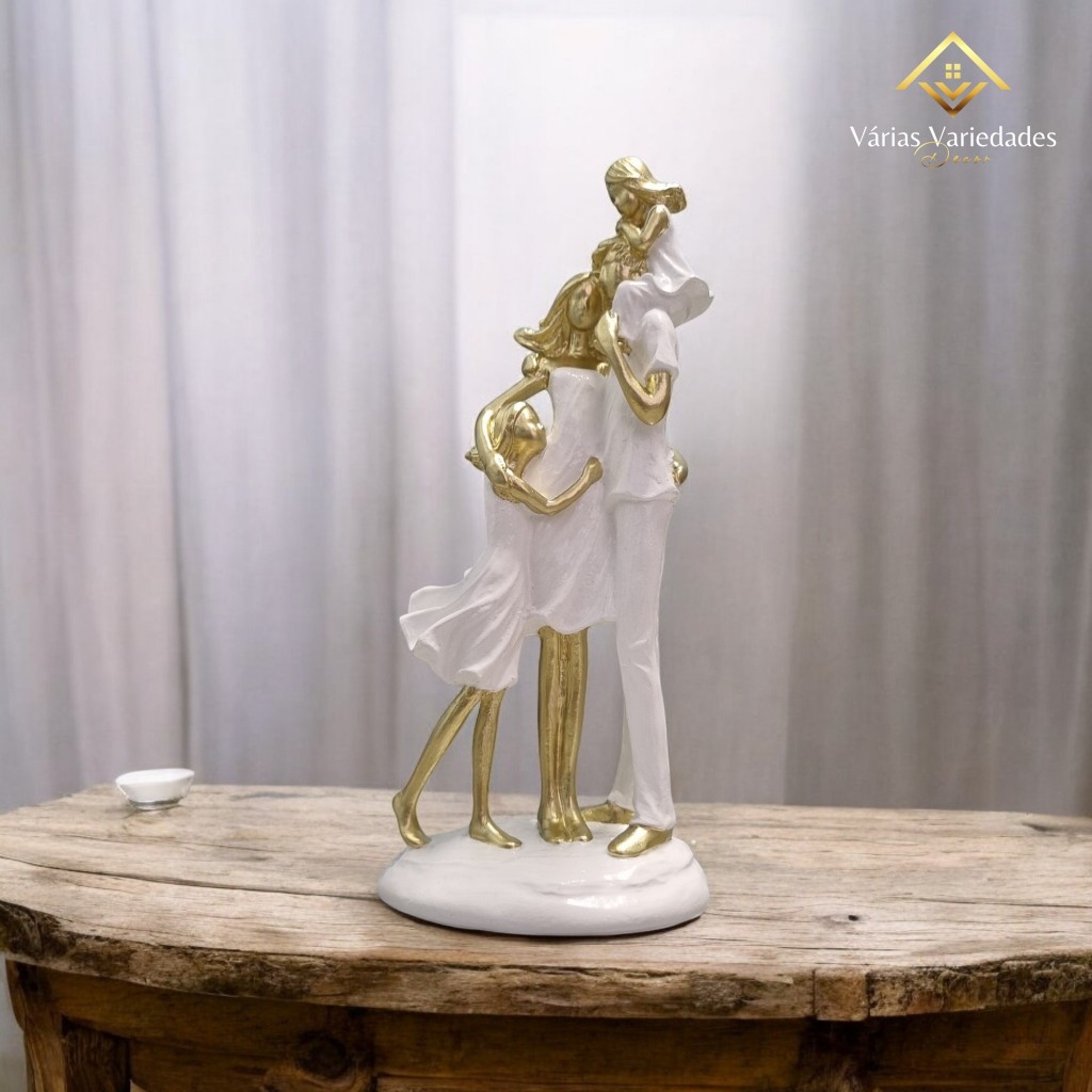 Escultura Pai Mãe C/ Duas Filhas Branco C/ Ouro Ideal P/ Presentear A Família Em Gesso 28 Cm - OFERTA em Oferta na Shopee
