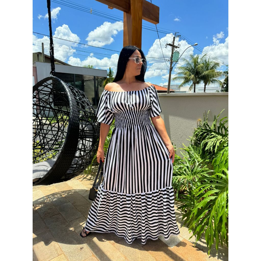 Vestido tendência evangélico Plus Size Longo Listrado Lançamento 2025 Frete Grátis