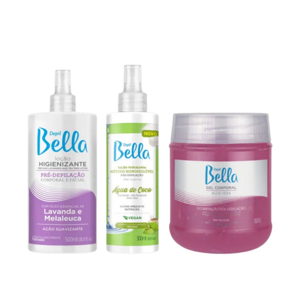 Kit Depil Bella Loção Pré Lavanda e Melaleuca 500ml + Loção Pós Água de Coco 300ml + Gel Aloe Vera