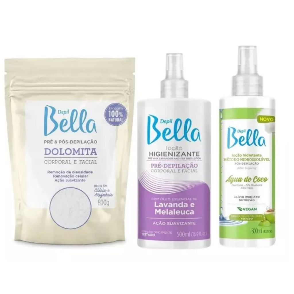 Kit Loção Pré Lavanda e Melaleuca 500ml + Loção Pós Água de Coco 300ml + Dolomita 800g - Depil Bella