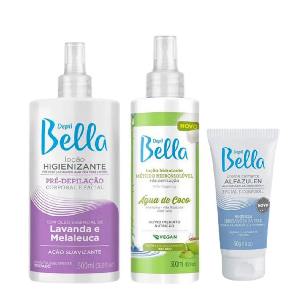 Kit Loção Pré Lavanda e Melaleuca 500ml + Loção Pós Água de Coco 300ml + Alfazulen 50g - Depil Bella