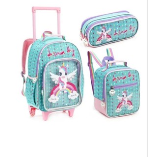 Kit Mochila 3pçs Infantil Menina Unicórnio Lancheira Térmica Estojo Escolar Mochila Roda Gel