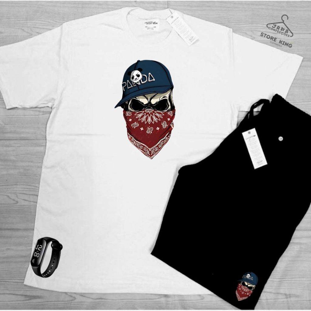 Kit Verão Bermuda e Camiseta algodão caminhada academia produto qualidade CAVEIRA GANGSTER    mais RELOGIO DIGITAL