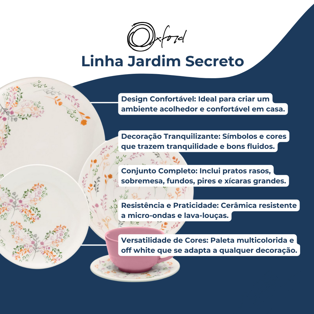 Detalhes do Aparelho de Jantar e Chá 20 Peças Oxford Jardim Secreto Jogo de Pratos e Xícaras