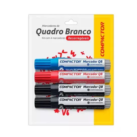 Marcador de Quadro Branco QB - Kit com 4 Unidades - Compactor