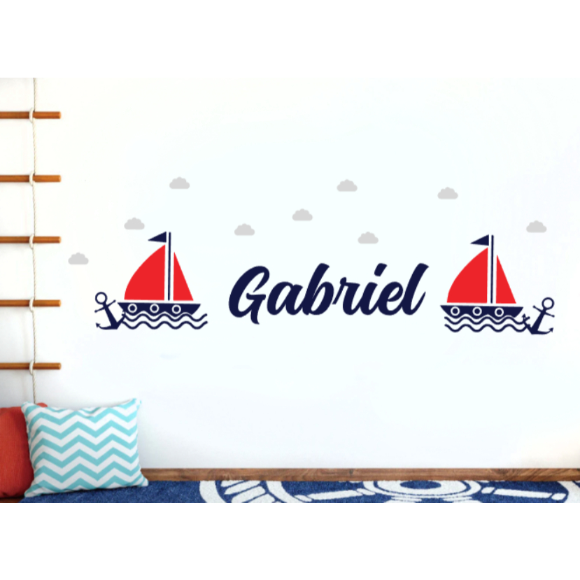 Adesivo de parede infantil barco âncora veleiro barquinho, náutico nome personalizado quarto menino