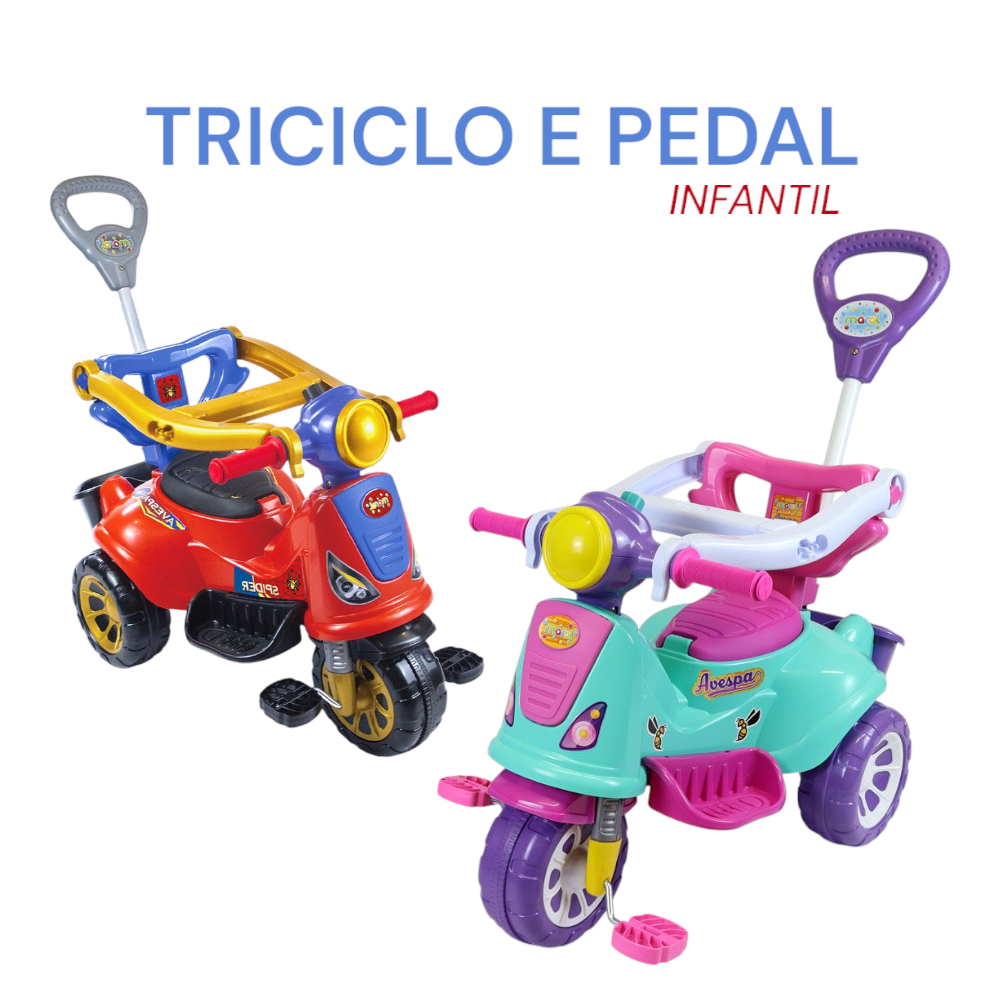 Triciclo Infantil Menina Menino Multifuncional Passeio com Pedal Andador Buzina Avespa Spider Pink Colorida
