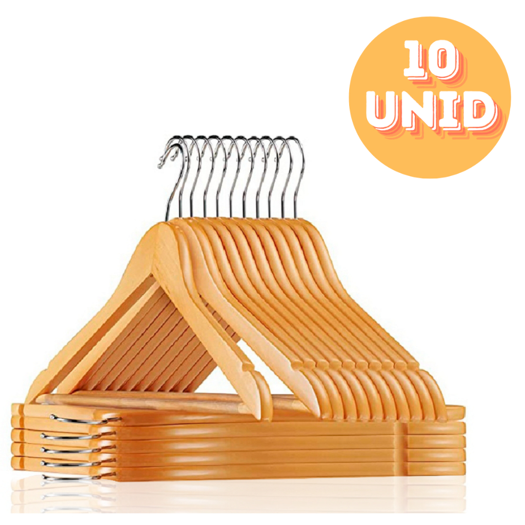 Kit 10 Cabides de madeira Marfim para Caças Camisas Camisetas Vestidos