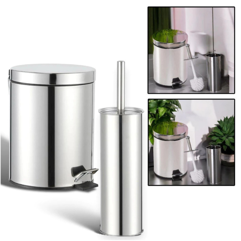 Kit Lixeira 3 Litros Inox Com Cesto Removível pedal + Escova Sanitária com Cesto  Inox para banheiro