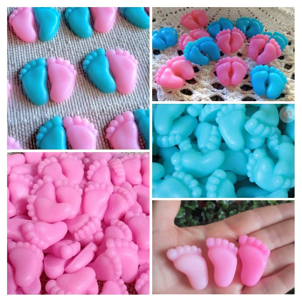 120 Mini Sabonete Pezinhos (60 Pares) Lembrancinha Chá Revelação Chá de Bebê Informar cor e aroma