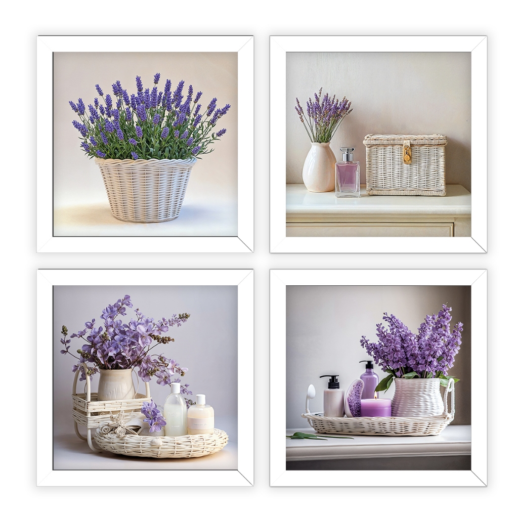 Kit 4 Quadros 18x18 cm banheiro, lavabo, flores lilás, vidro