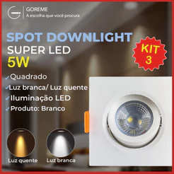 3 Luminária Spot Led Quadrado Direcionável 5W Embutir Gesso Teto |Luz Fria / Luz Quente Bivolt Spot