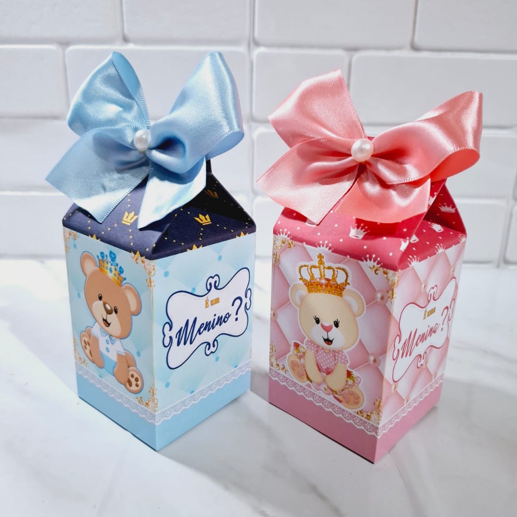Kit Caixas Personalizados Tema Ursinho Realeza Rosa e Azul - Festa - Mimos - Aniversário (PEGUE E MONTE ou MONTADO)