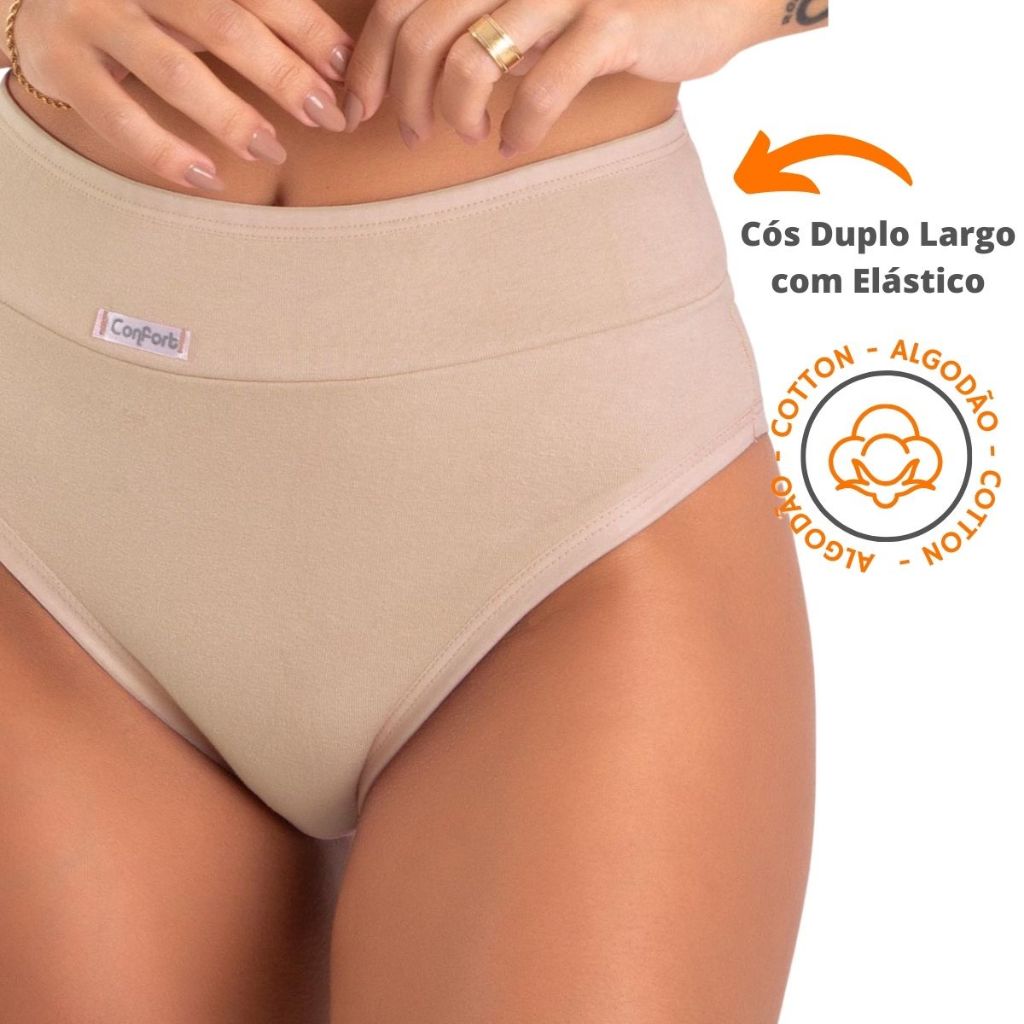 Kit 5 Calcinhas de Algodão Cotton Cós Duplo Cintura Alta Conforto Disfarça Gordurinhas Dia-a-Dia