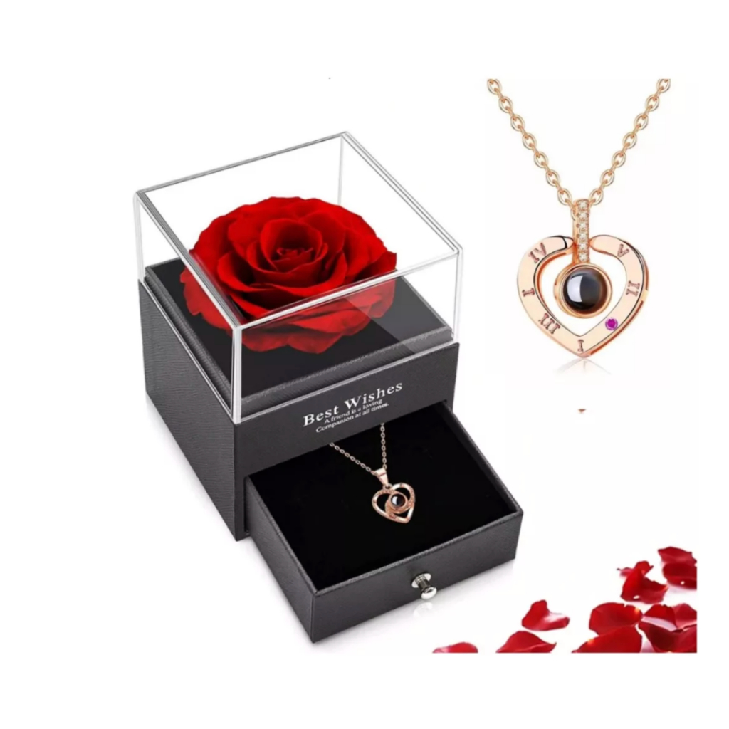 Imagem Presente Feminino Rosa Eterna Romântico + Colar 100 Idiomas Esposa Mulher Amiga Namorada Amor Eterno