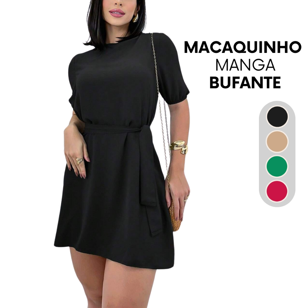 Vestido Macaquinho Feminino Curto Soltinho Confortável Manga Bufante Lançamento Duna