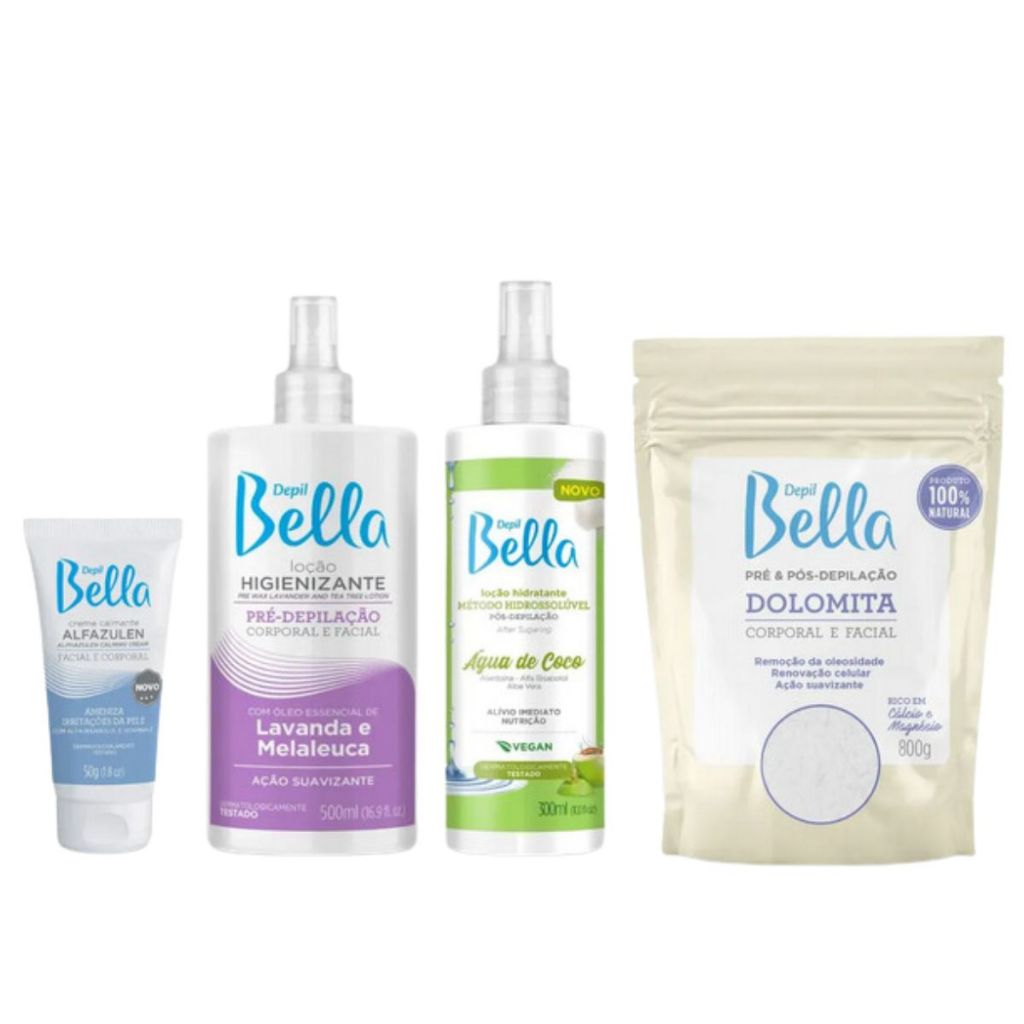 Kit Loção Pré Lavanda e Melaleuca + Loção Pós Água de Coco + Dolomita + Creme Alfazulen -Depil Bella