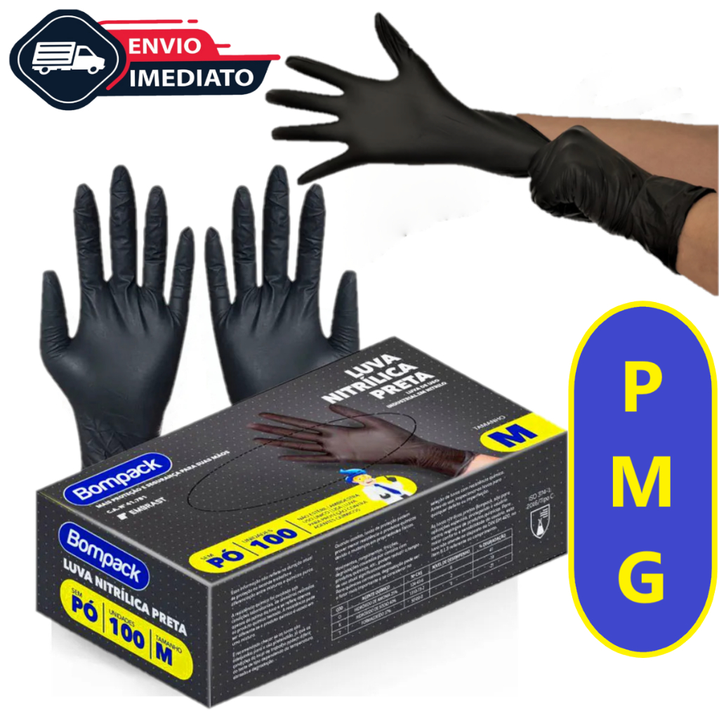 Kit 100 Luvas Nitrílicas preta sem pó resistente descartáveis com C.A  P M G GG