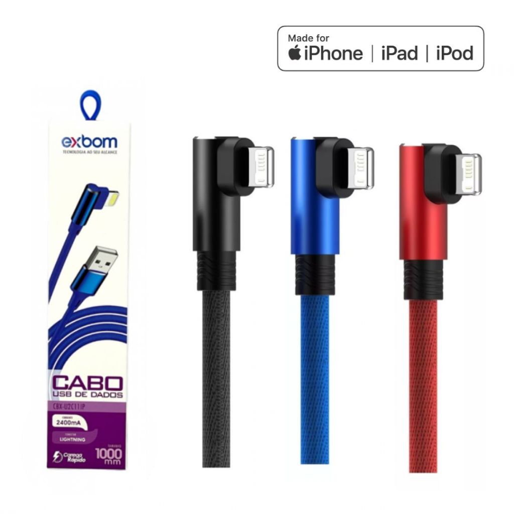 Cabo Carregador Lightning IPhone 90° Graus Em L 1 Metro USB Trançado IOS iPad iPod Apple Watch