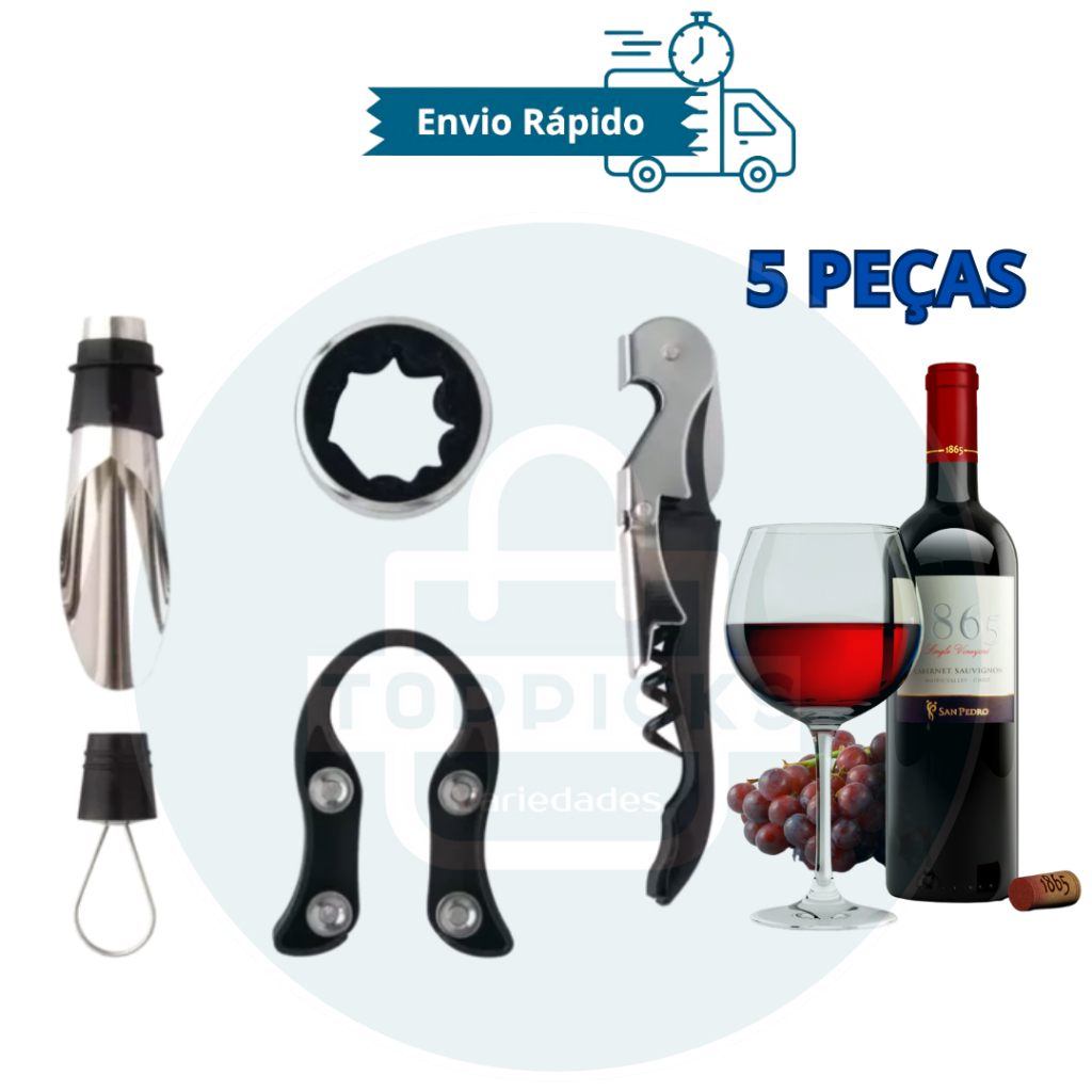 Kit Vinho Completo com Saca-Rolhas, Bico Dosador, Tampa de Vedação, Corta Lacre e Anel Antigotejamento - 5 Peças