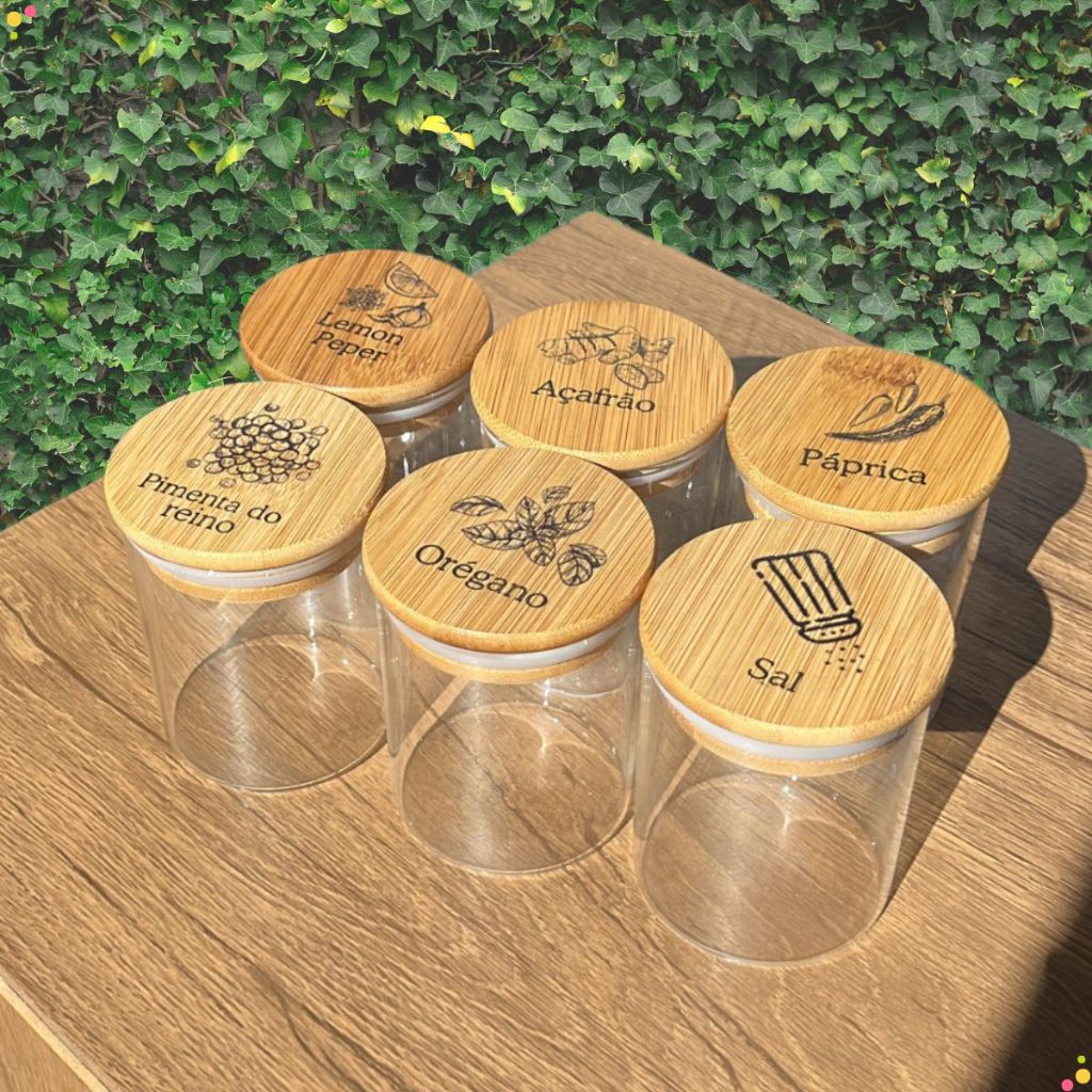 Kit 6 Potes Para Tempero 200ml Vidro Hermético Personalizado Tampa Bambu Alta Vedação Mant...