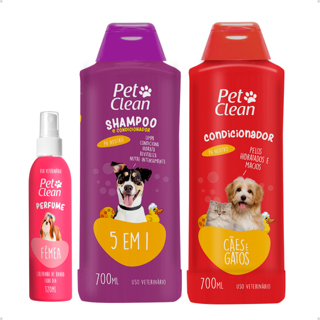 Kit Shampoo 5 em 1, Creme Condicionador e Perfume para Cachorro e Gato - Pet Clean