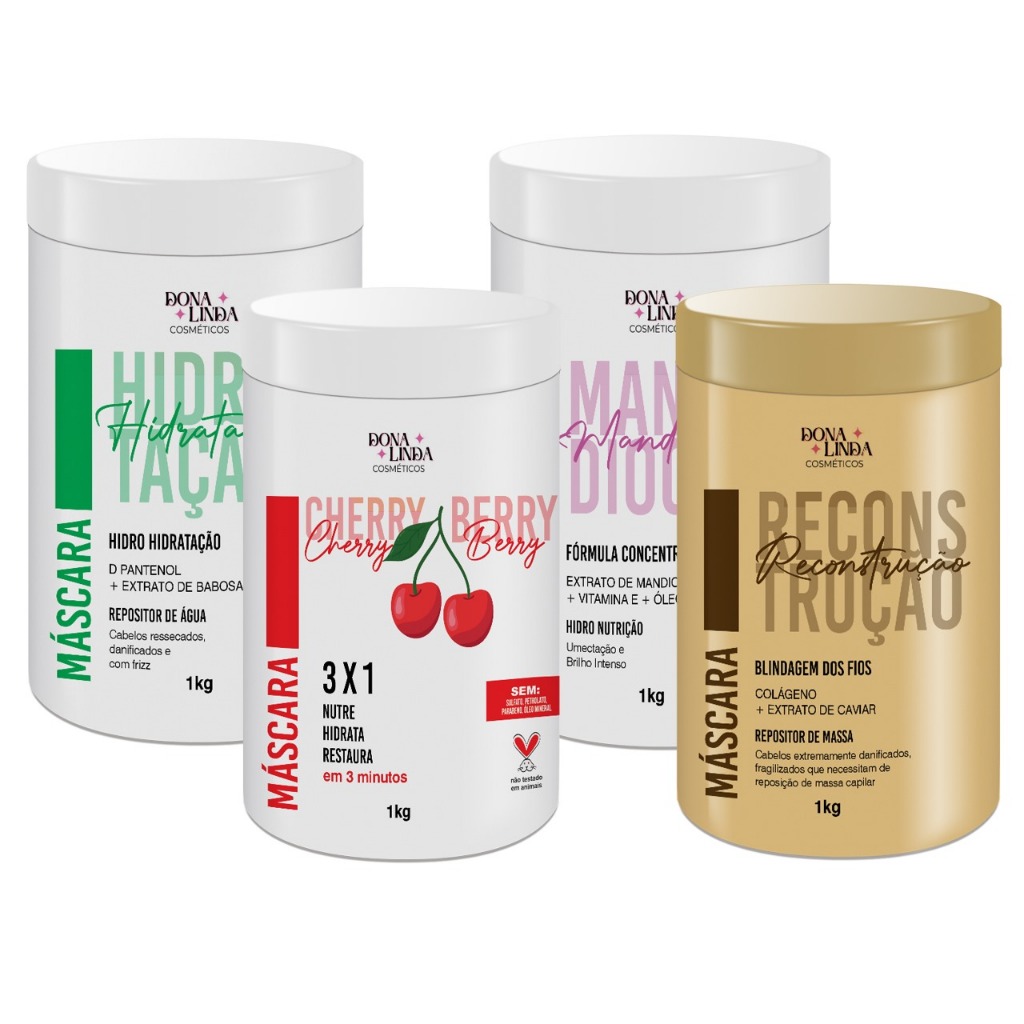 Kit 4 Máscaras Dona Linda 1kg Cronograma: Hidratação Reconstrução e Mandioca Profissional