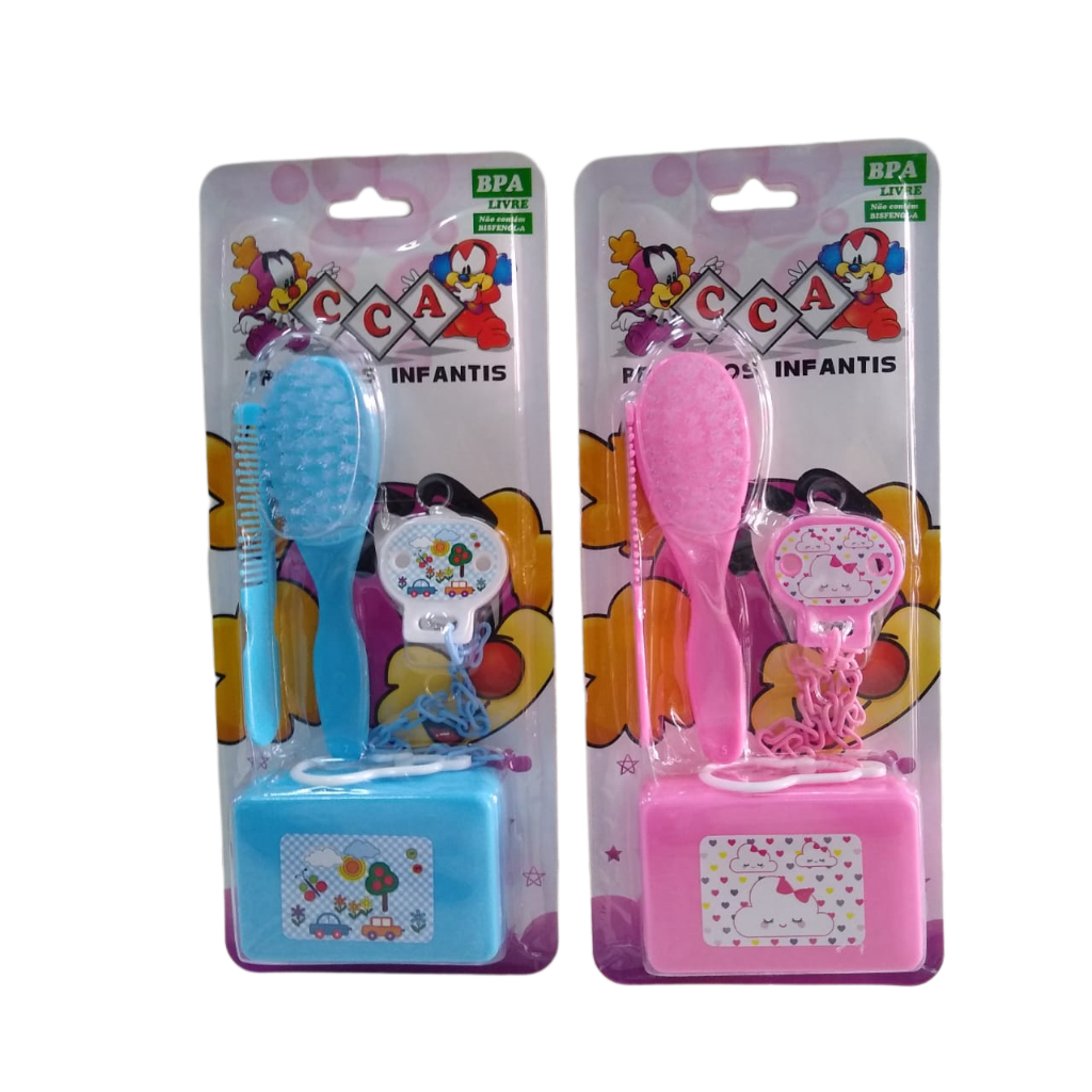 Kit Escova de Cabelo Macia Pente Saboneteira & Prendedor de Chupetal RCA