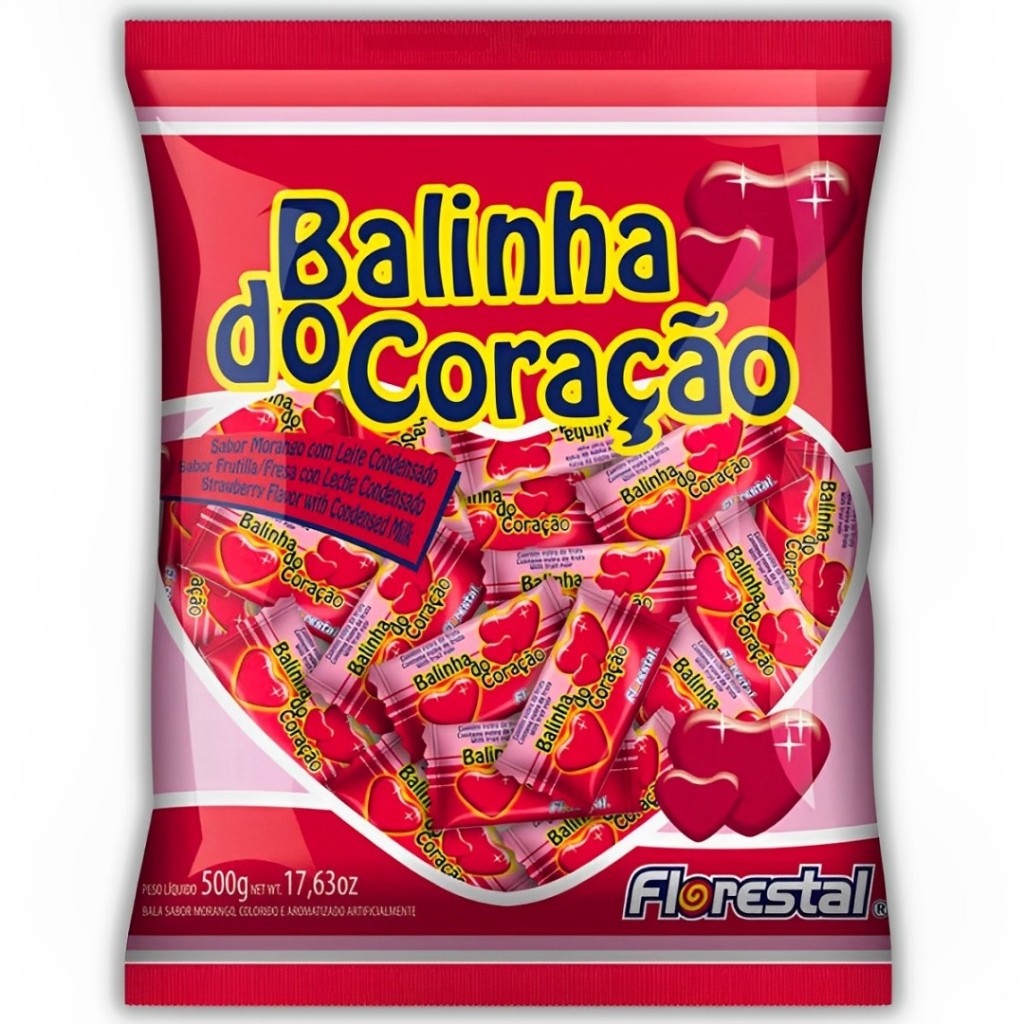 Balinha Do Coração Morango 500g Florestal Bala de Coração Ideal Para Lembrancinhas