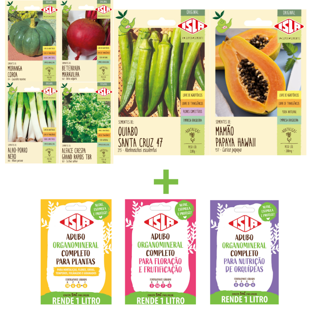 Kit 6 Sementes + 3 Adubo Liquido Verduras Legumes e Frutas para Plantação ISLA