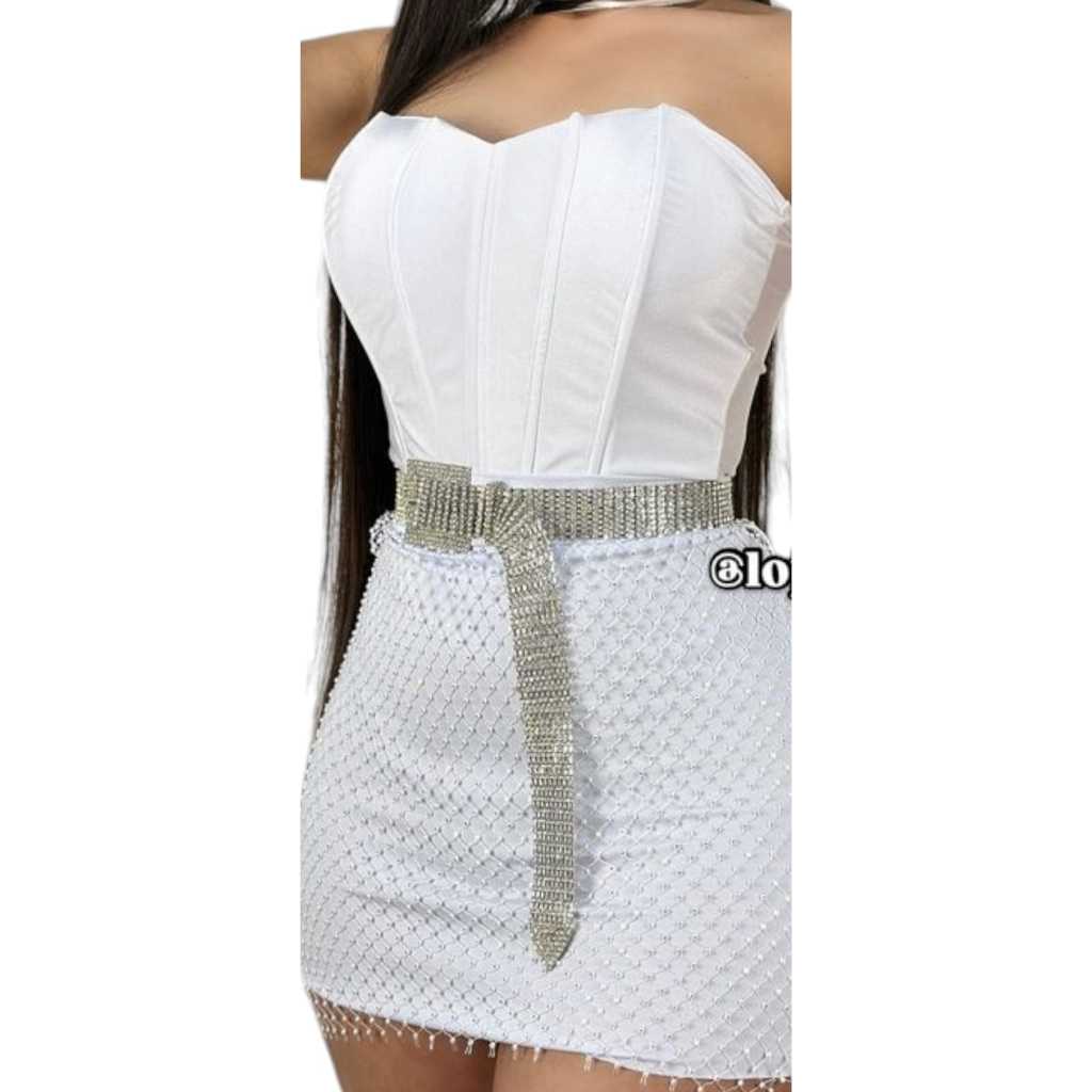 Conjunto feminino cropped lia com bojo e saia de tela pedraria — imagem 2 de 2