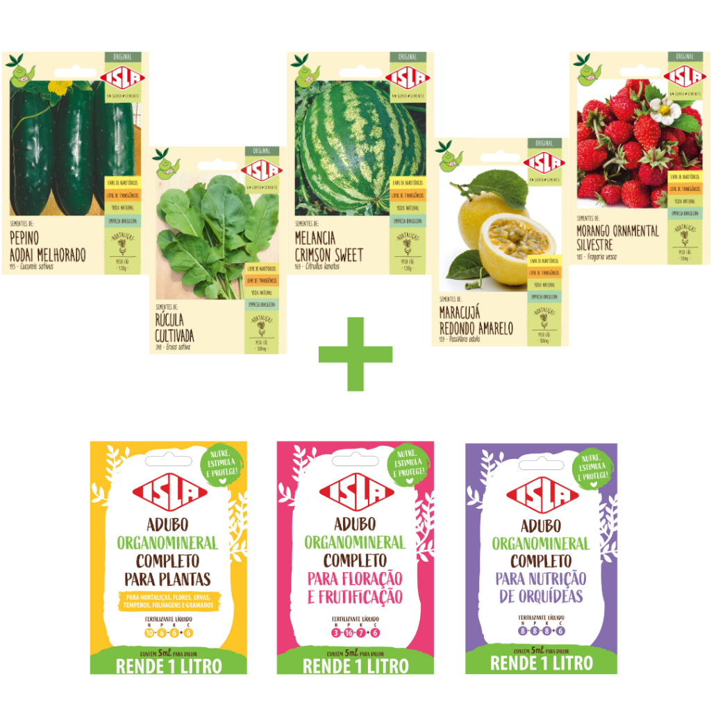 Kit 5 Sementes + 3 Adubo Liquido Verduras Legumes e Frutas para Plantação ISLA
