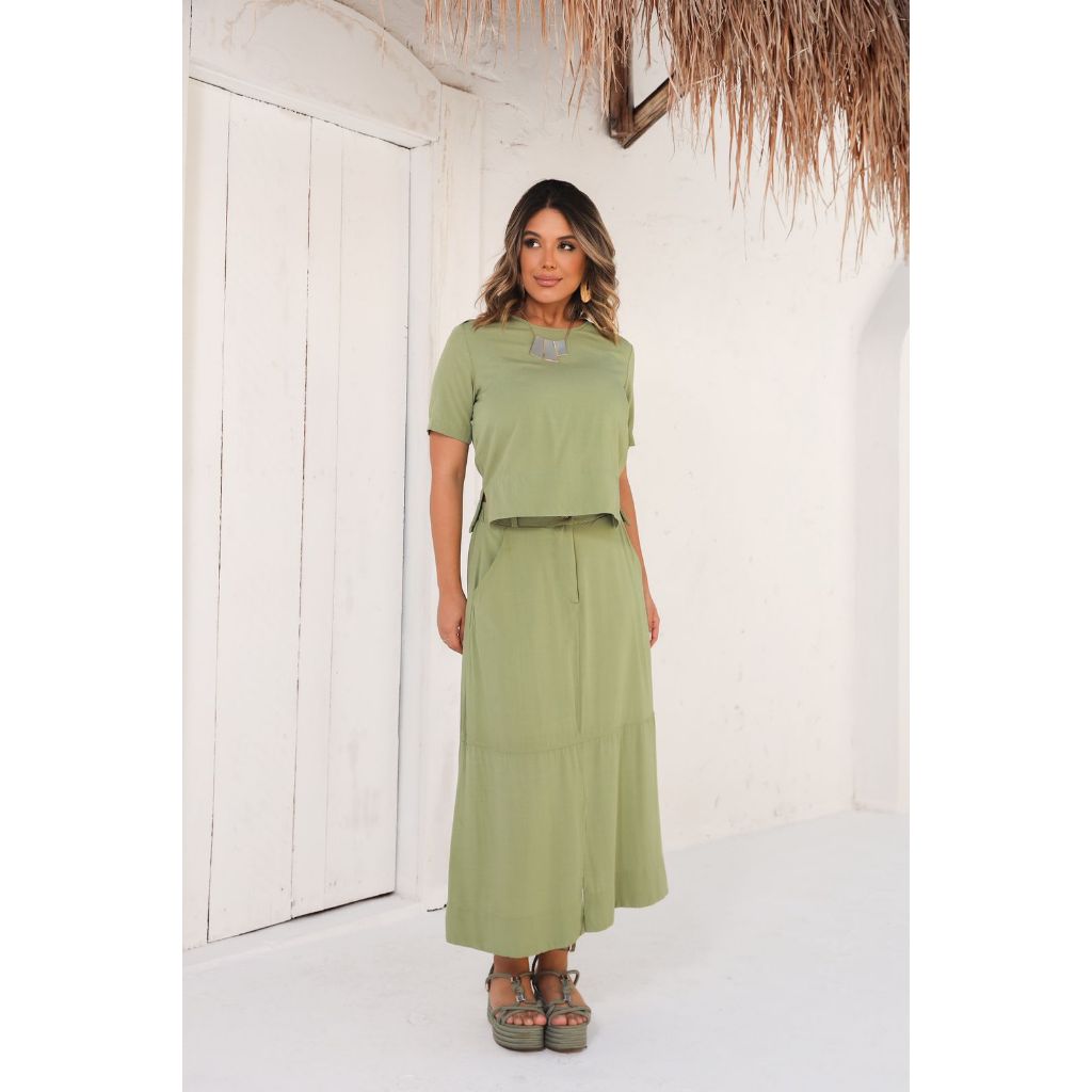 🛍️ Conjunto Feminino Saia Longa Blusa Alfaiataria Tecido Viscolinho