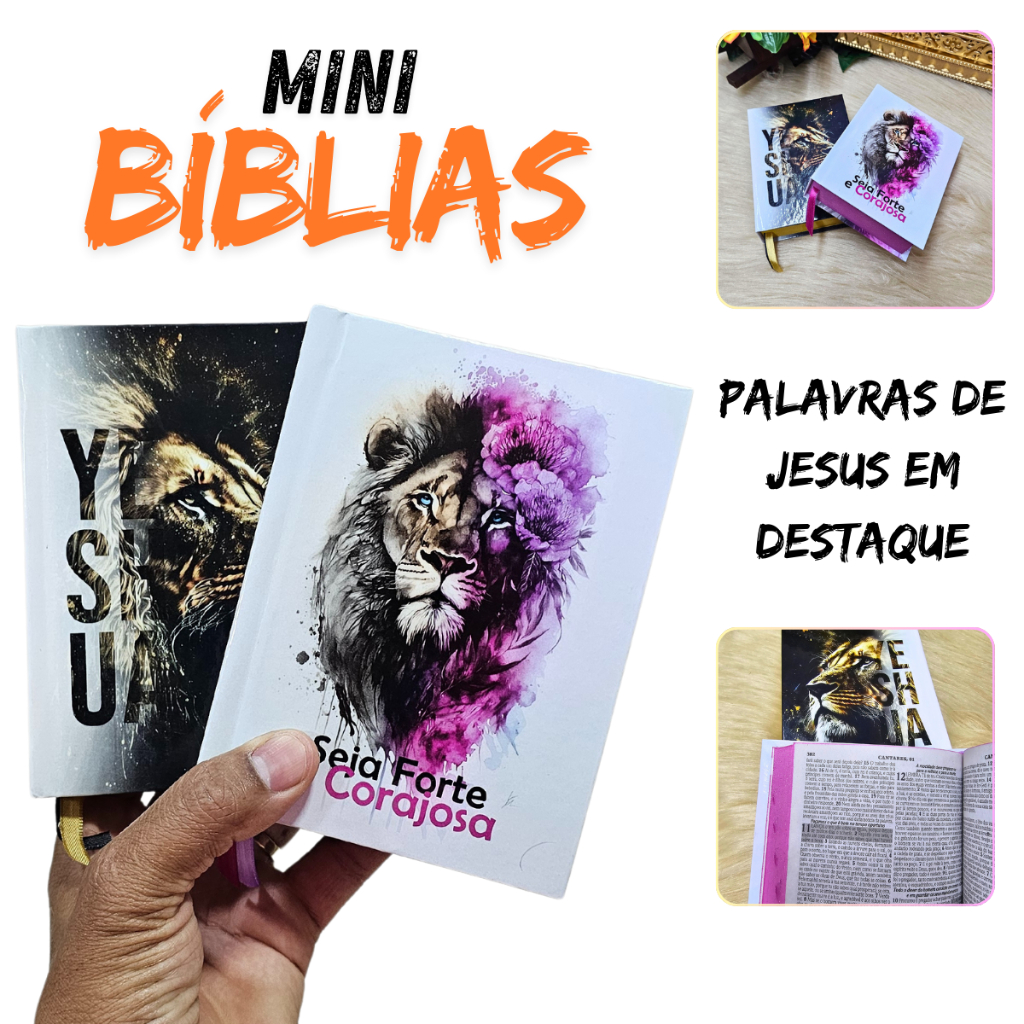 Kit 2 Mini Bíblias Infantil Feminina Masculina Capa dura Leão Revista Corrigida Ferreira Almeida
