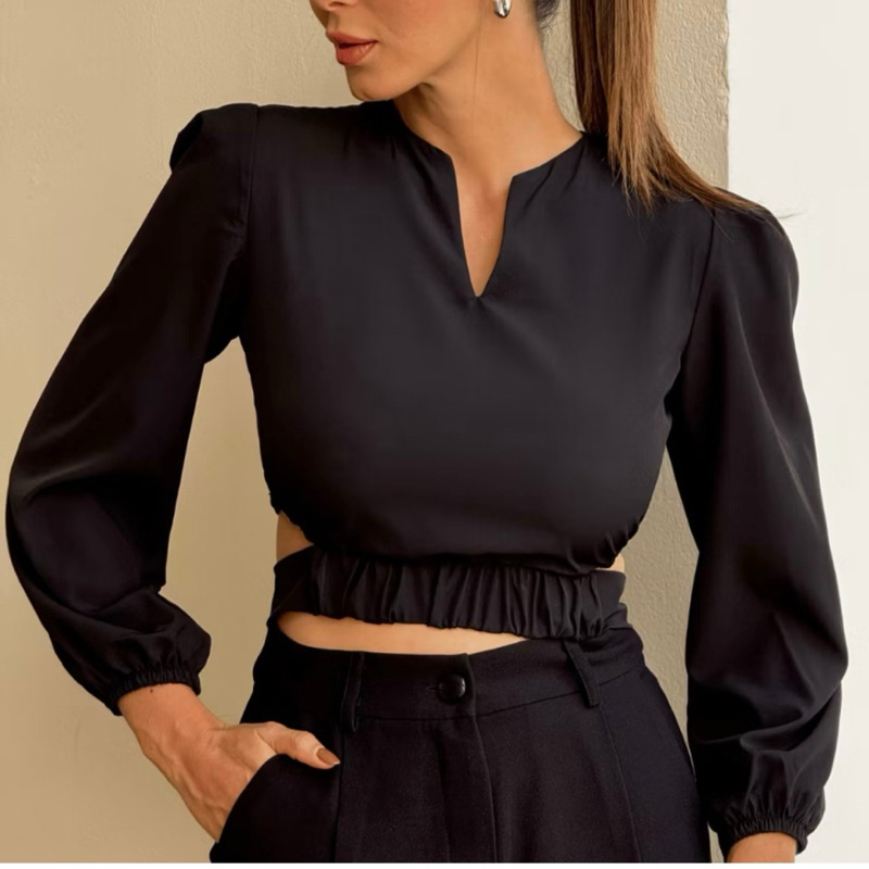 Blusa Cropped Feminina Casual Elegante Manga Longa Bufante Elástico Amarração Nas Costas T...