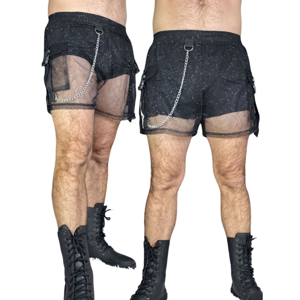 Shorts Brilhante Transparente com forro/Corrente/Bolsos Cargo/Curto/Y2K/Track Paints/LGBT/Pride/parada Orgulho gay/Cargo