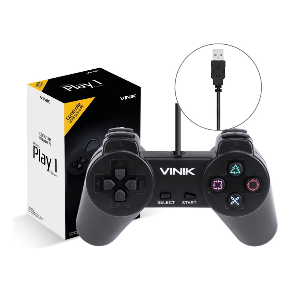 Controle Retro Pc Usb Play 1 / PSONE / Playstation 1 Para Com Fio Cor Preto Vinik