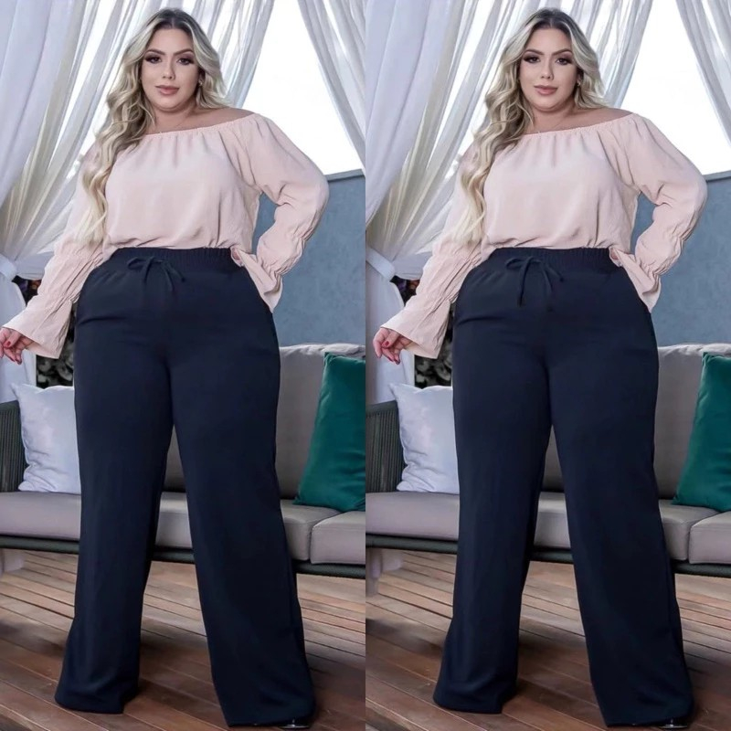 Calça Pantalona Plus Size Feminina Elástico na Cintura Com Bolso Cintura Alta Tecido Duna Premium medidas G1 G2