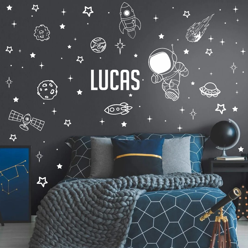 Kit 100 Adesivos Parede Galaxia 2 + Nome Personalizado Adesivo Planetas Estrelas Quarto Menino Facil Aplicação em Oferta na Shopee