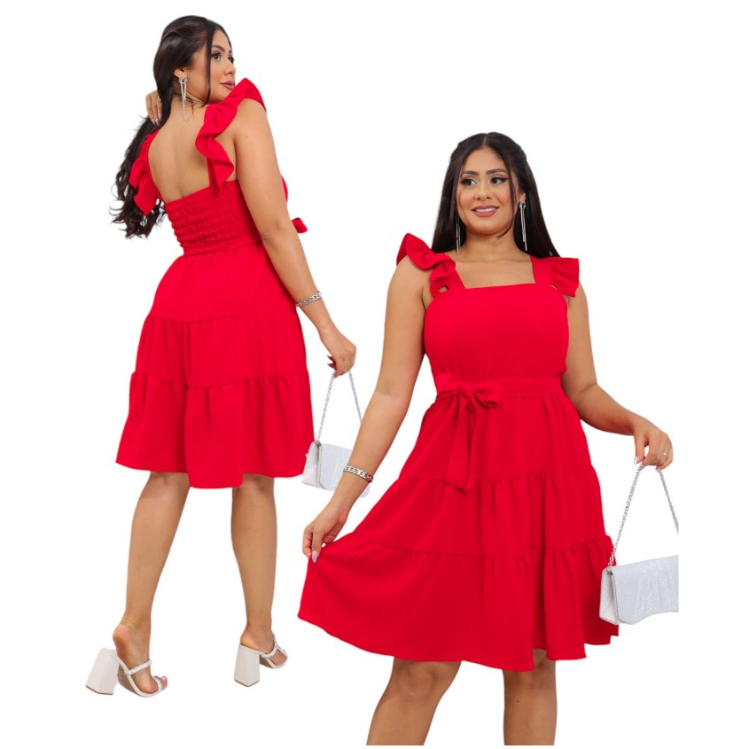 Modas Deysi Vestido Femenino Curto com Cinto com  Regata Babado Duna Lisa Moda Femenina