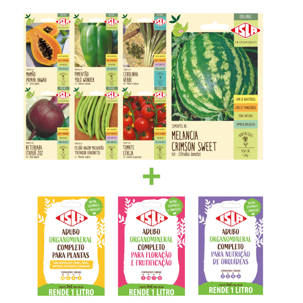semente para plantação de verduras frutas legumes KIT 07 Sementes + 03 Adubos Líquidos ISLA