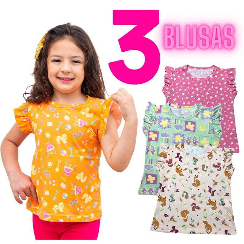 Kit 3 Blusas Infantil Menina Manga Fru-fru Meia Malha Algodão Estampas Sortidas (0032)