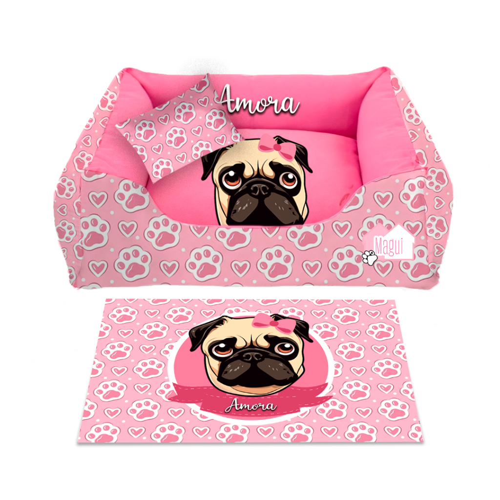 KIT CAMA 3 Pçs PET PUG - CAMINHA CACHORRO PUG PATINHAS - CAMINHA PET - CAMINHA PARA CACHORRO ROSA